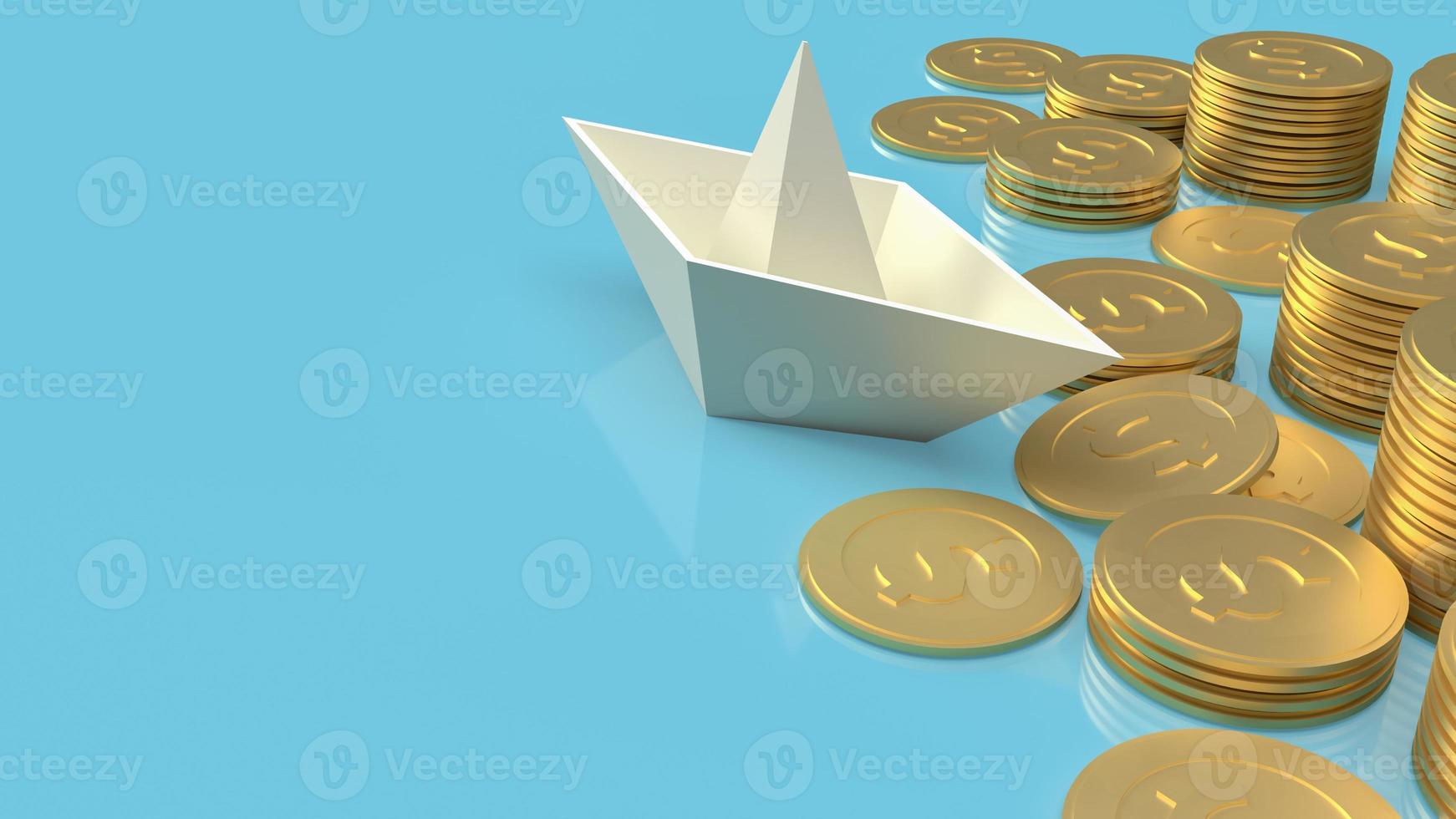 The boat paper and gold coins on blue background for blue ocean content 3d rendering. photo