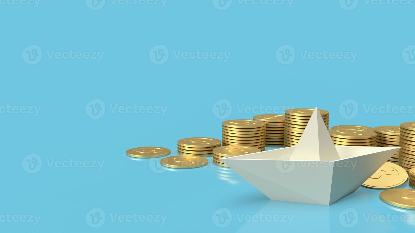 The boat paper and gold coins on blue background for blue ocean content 3d rendering. photo