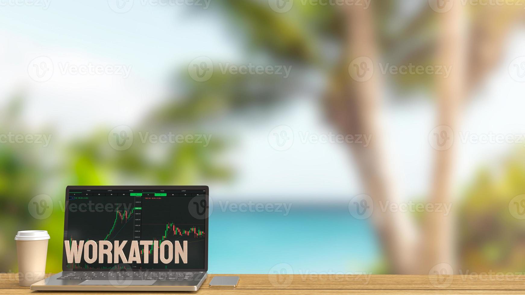 laptop on wood table working outdoor for workation  concept 3d rendering photo