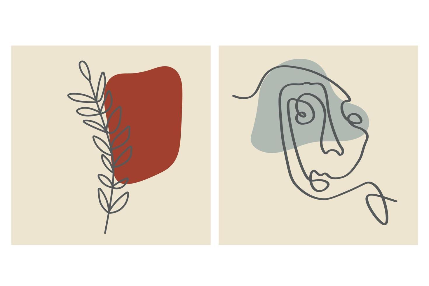 Various faces, leaves and abstract shapes. Contemporary vector illustrations on color backgrouds. Line, minimalistic elegant concept. Perfect for social media, cards, postcards.