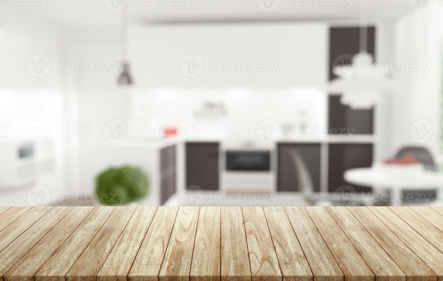 Wooden table desk on Blurred background of kitchen. photo