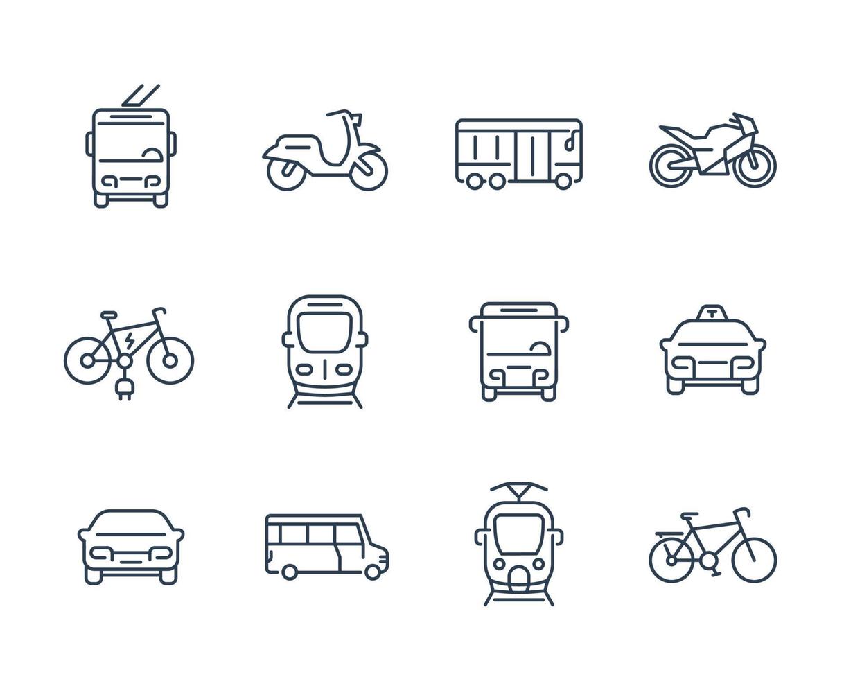 City transport icons, transit van, cab, bus, taxi, train, bikes, linear style vector