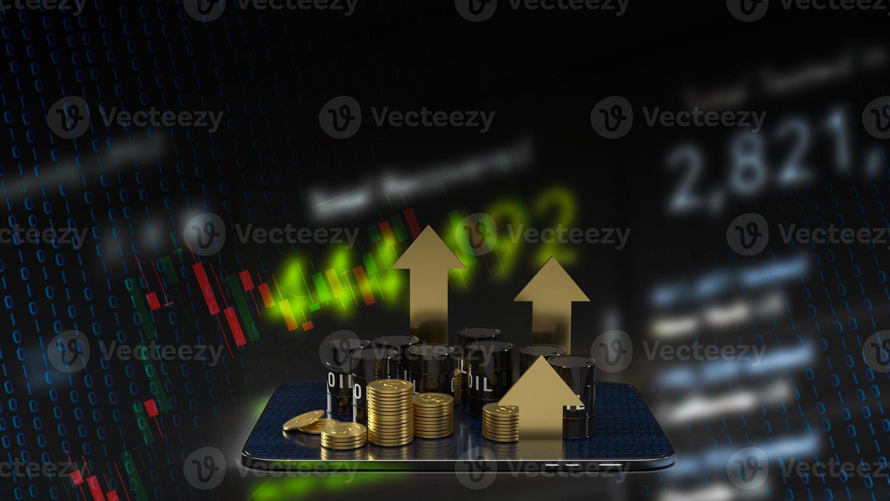 The oil tank on tablet and gold arrow up for  energy or petroleum business concept 3d rendering photo