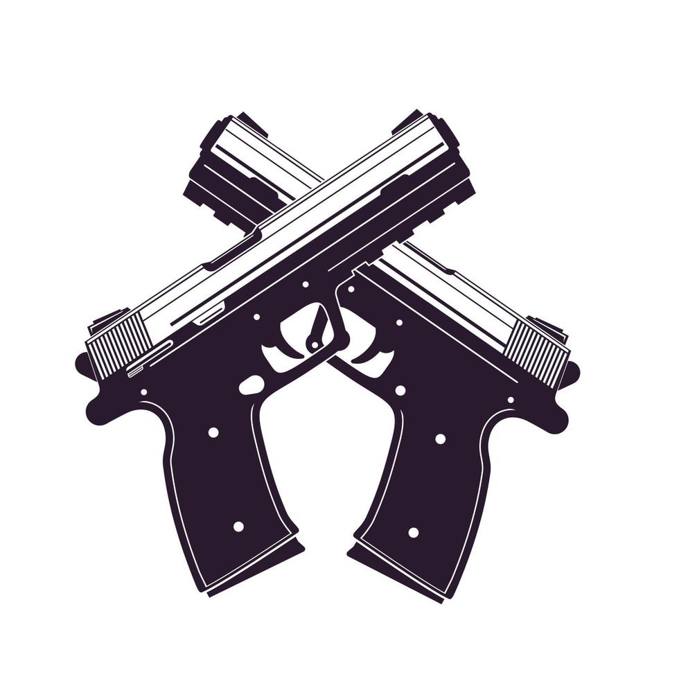 modern pistols, two crossed handguns isolated over white vector