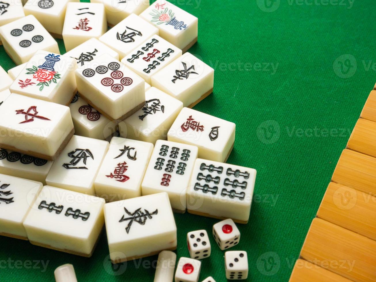 The mahjong on table ancient asian board game close up image photo