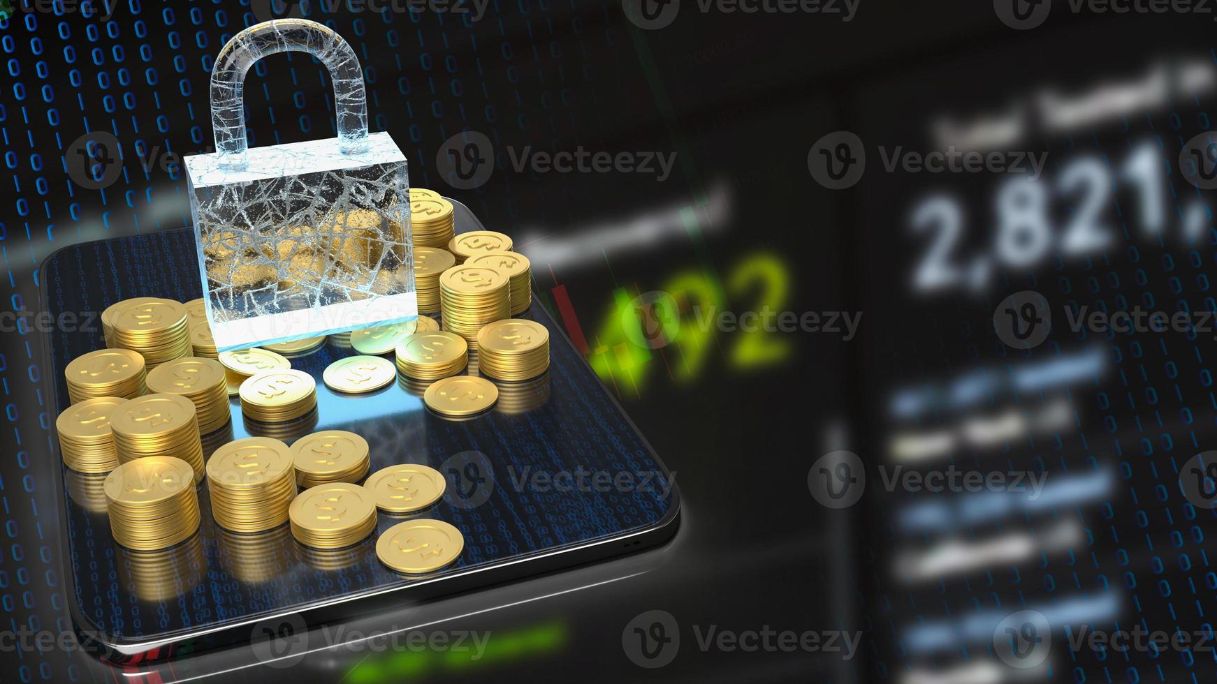 The master key or lock and gold coins on tablet for business concept 3d rendering photo