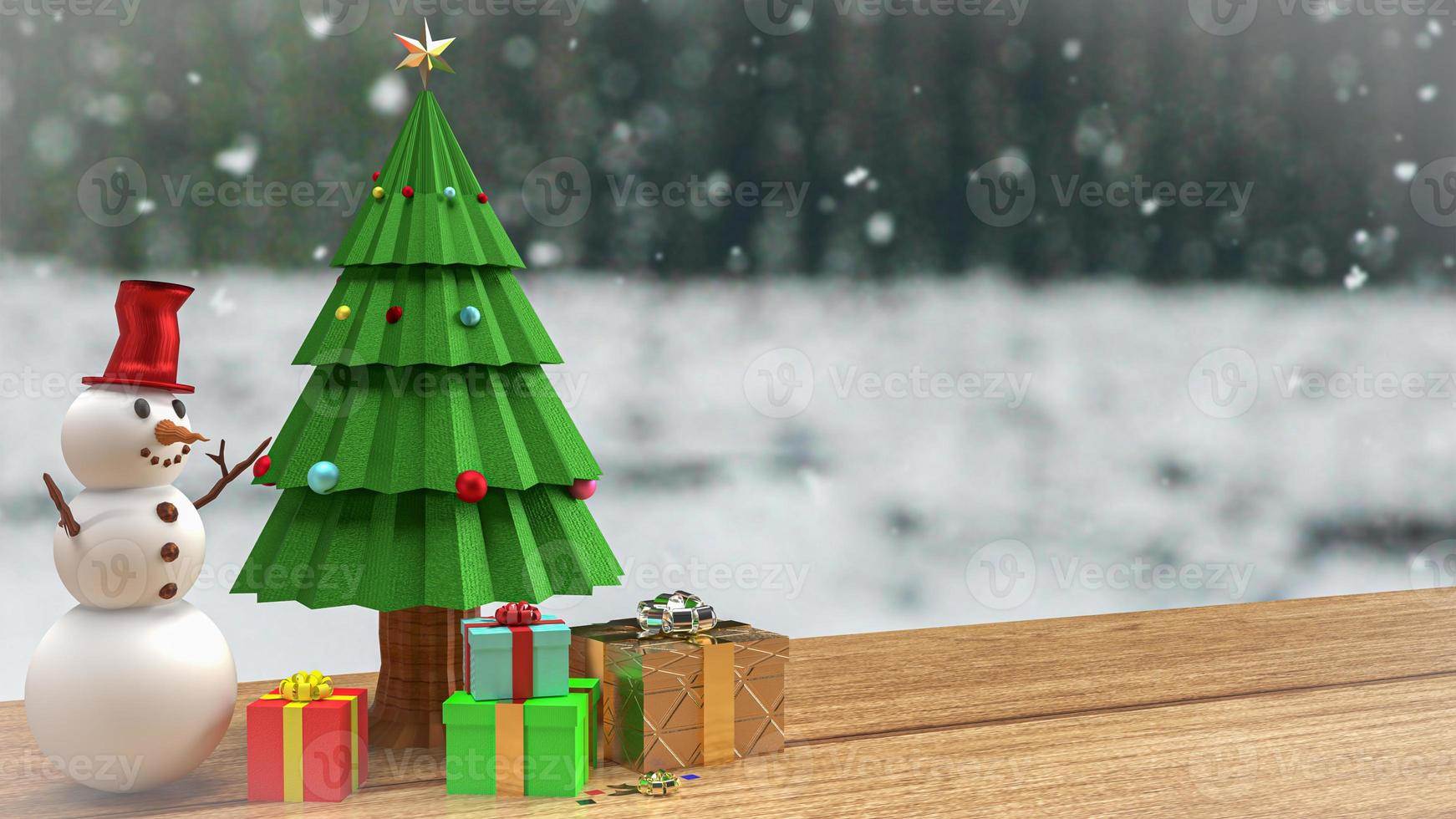 The Christmas tree and snow man on wood table for holiday celebration or  promotion business background 3d rendering photo