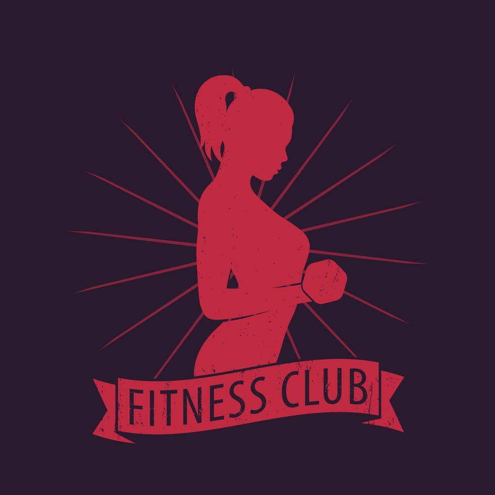 Fitness Club logo with posing athletic girl with dumbbell, vector illustration