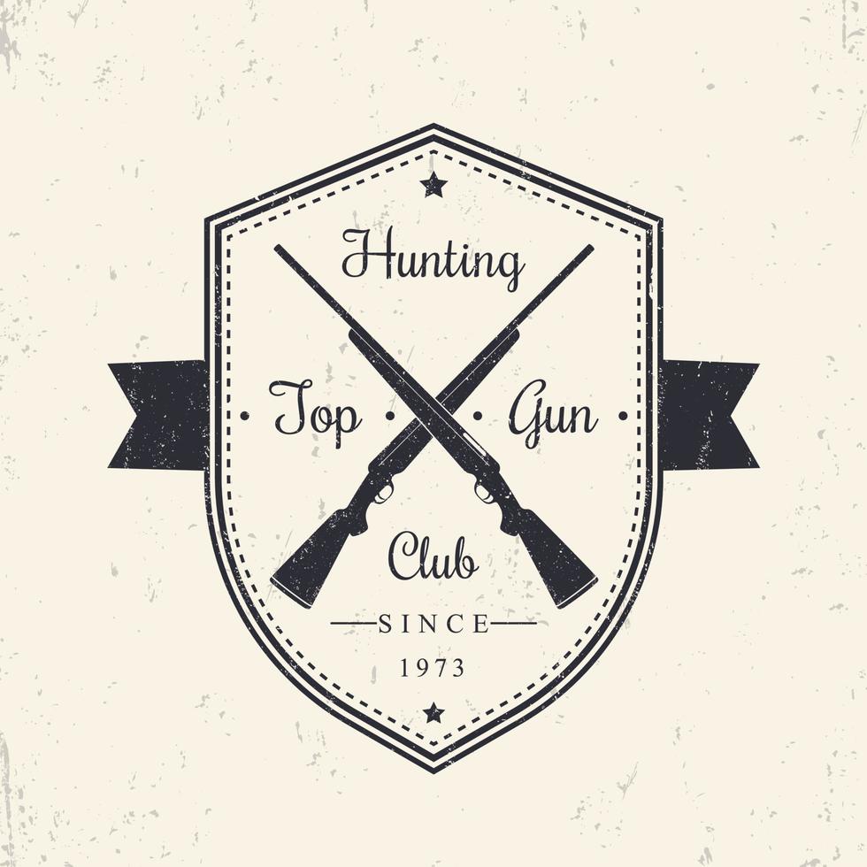 emblema vintage del club de caza, logotipo en escudo con rifles de caza cruzados, ilustración vectorial, eps10, fácil de editar vector