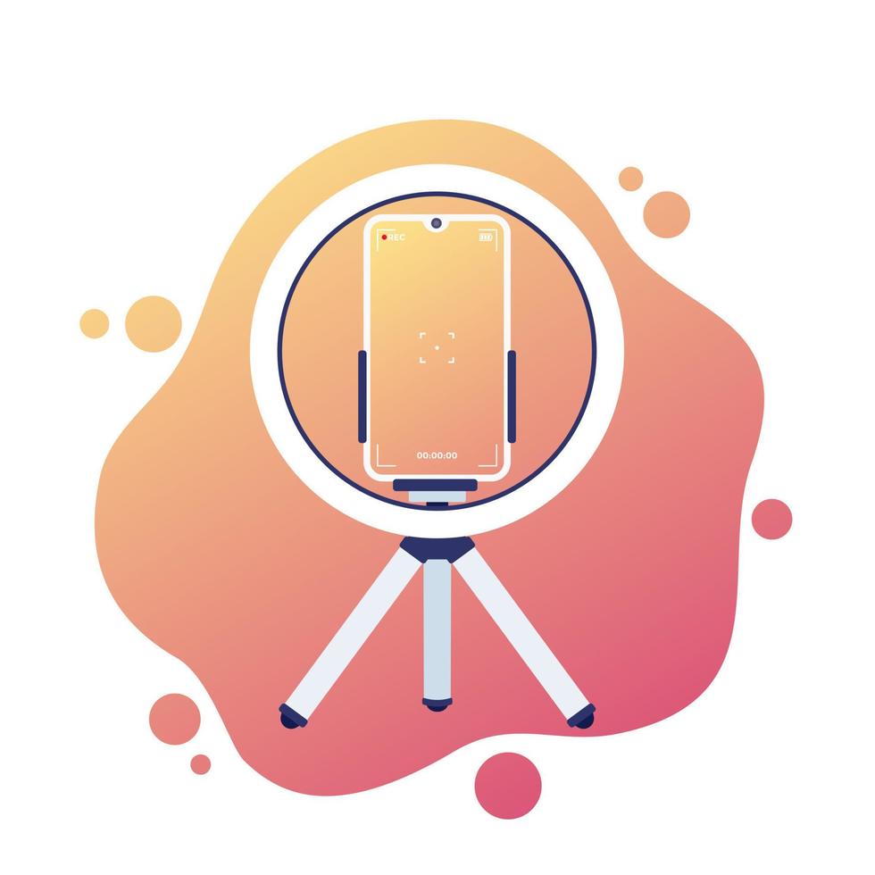 phone on tripod with ring light, vlog recording, vector