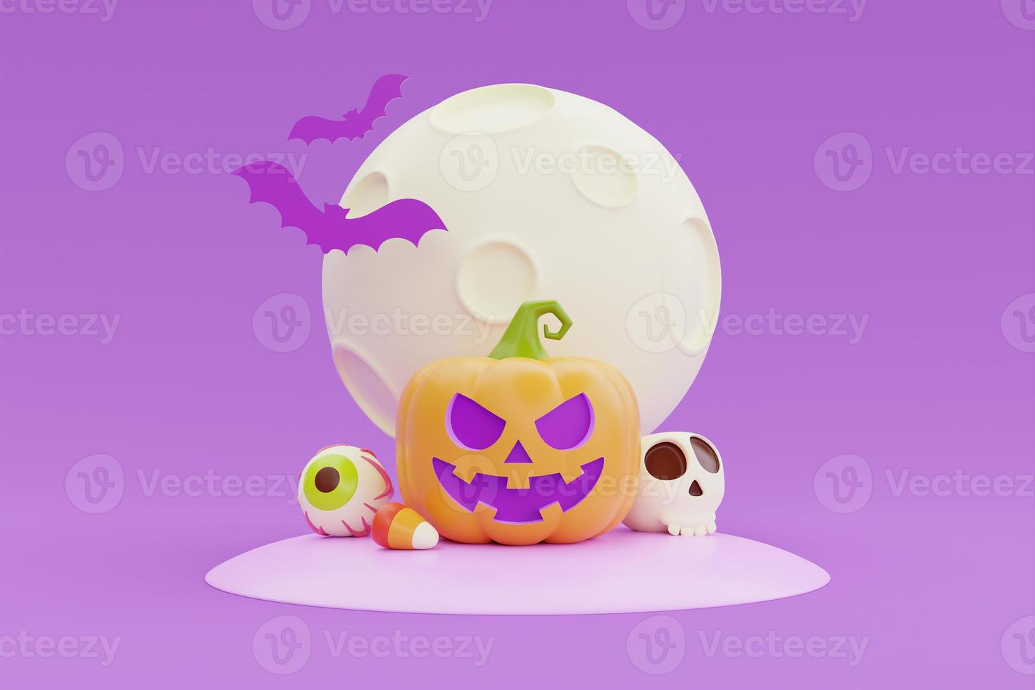 Happy Halloween with Jack-o-Lantern pumpkin character, candies, bones and bat under the moon on purple background, 3d rendering. photo