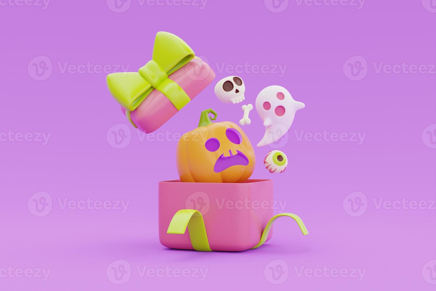 Opened gift boxes with Halloween Jack-o-Lantern pumpkins and colorful candies on purple background, traditional october holiday, 3d rendering. photo