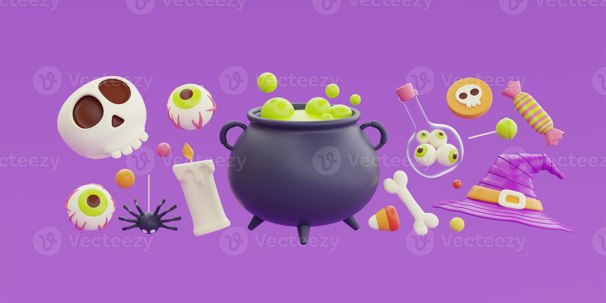 Happy Halloween with witch cauldron, hat, bones, skull, colorful candies and sweets floating on purple background, 3d rendering. photo