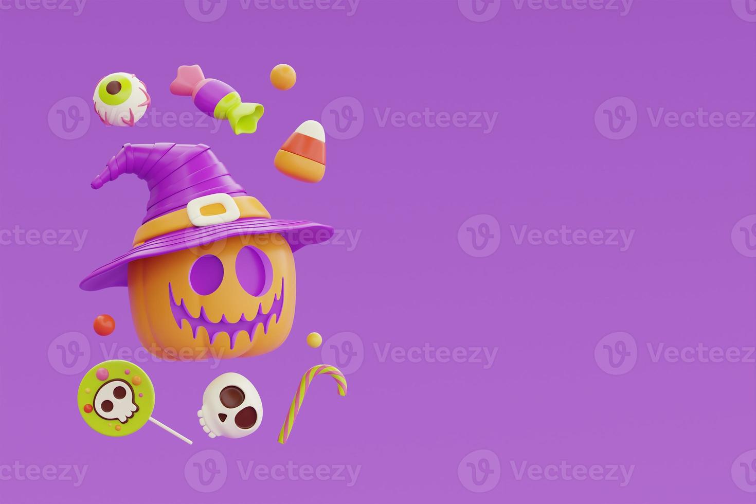 Happy Halloween with Jack-o-Lantern pumpkins character wearing witch hat, colorful candies and sweets floating on purple background, 3d rendering. photo