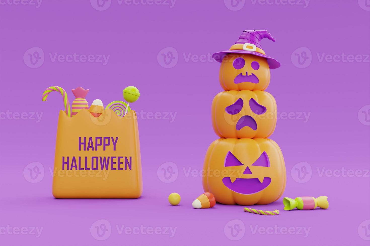 Happy Halloween with Jack-o-Lantern pumpkins character and colorful candies under the moon on purple background, 3d rendering. photo