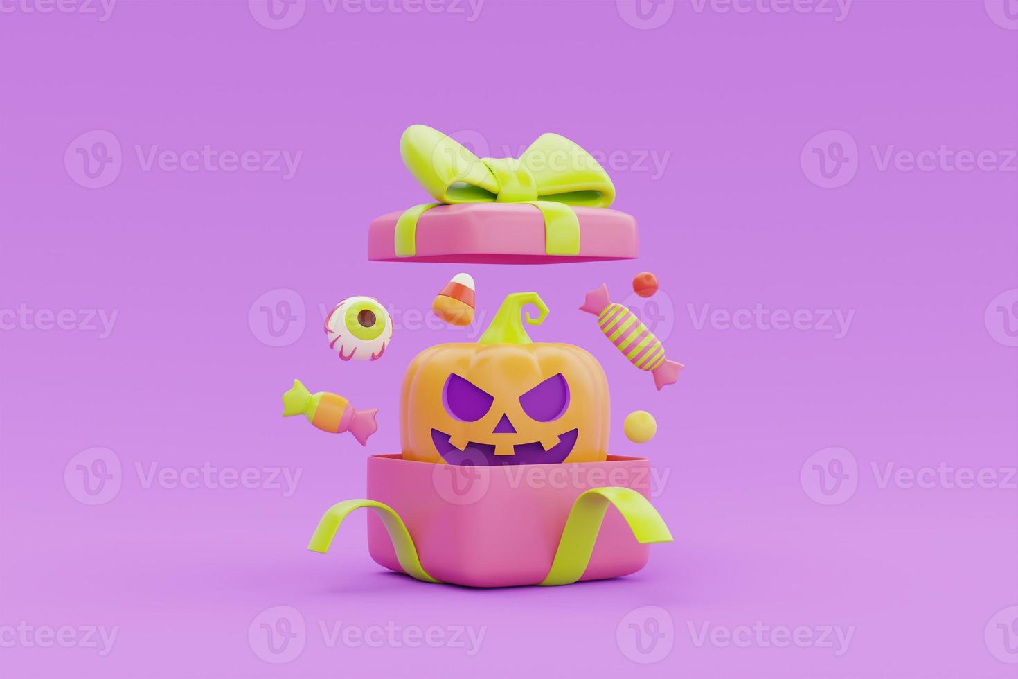 Opened gift boxes with Halloween Jack-o-Lantern pumpkins and colorful candies on purple background, traditional october holiday, 3d rendering. photo