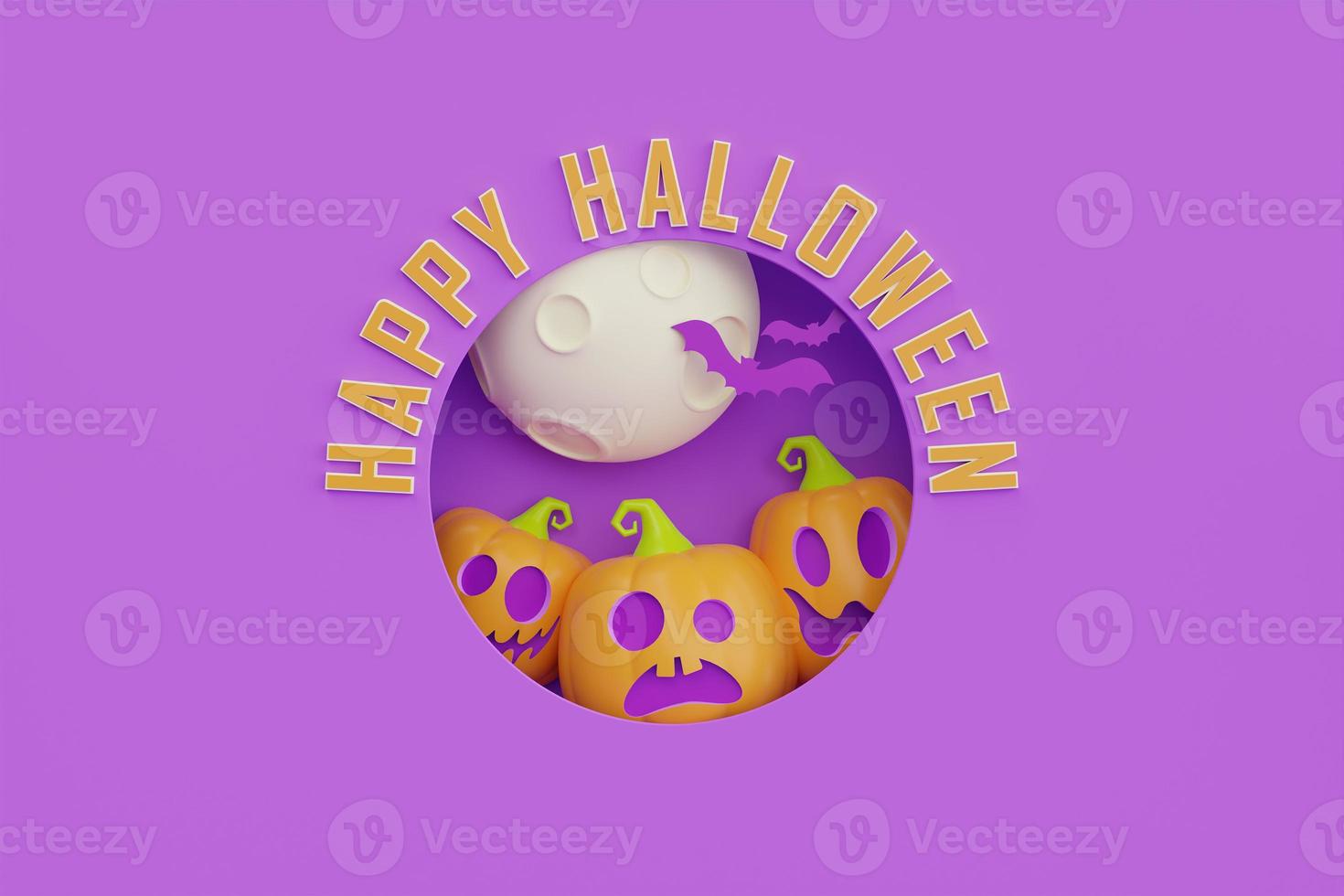 Happy Halloween with Jack-o-Lantern pumpkins under the moon on purple background, traditional october holiday, 3d rendering. photo