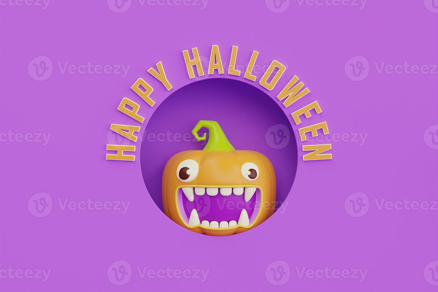 Happy Halloween with Jack-o-Lantern pumpkins on purple background, traditional october holiday, 3d rendering. photo