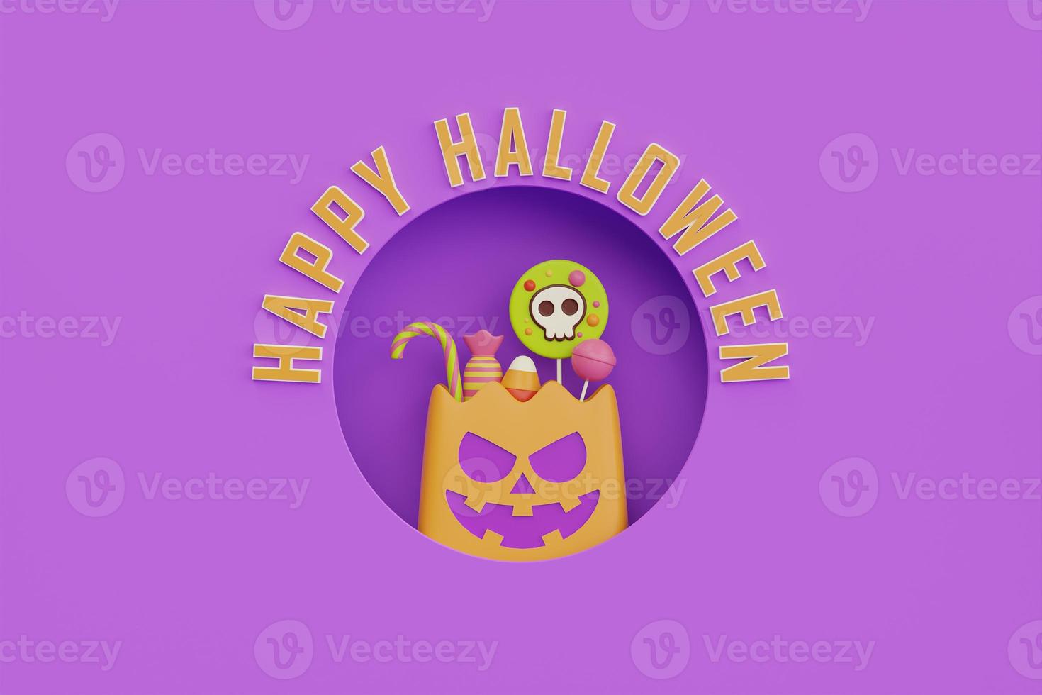 feliz halloween con bolsa de calabaza jack-o-lantern llena de coloridos caramelos y dulces sobre fondo morado, fiesta tradicional de octubre, representación 3d. foto