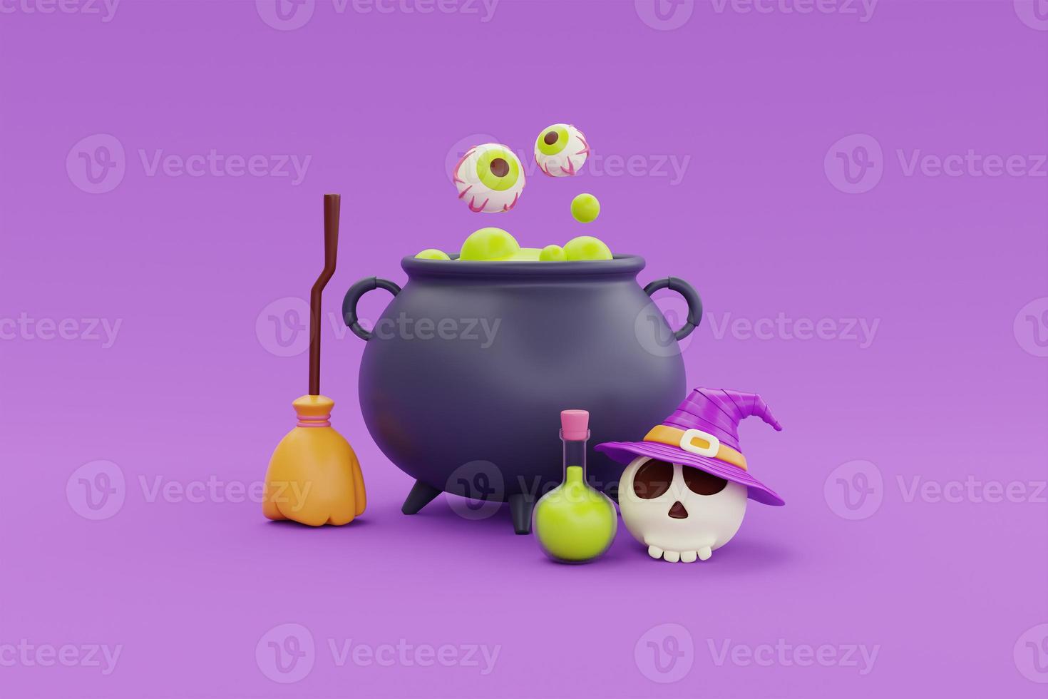 Happy Halloween with witch cauldron, broom and bones wearing hat on purple background, traditional october holiday, 3d rendering. photo