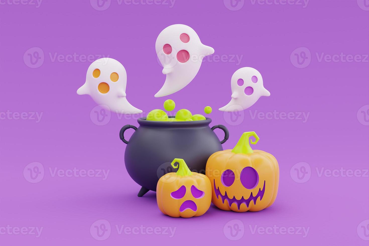 Happy Halloween with Jack-o-Lantern pumpkins, witch cauldron and ghost on purple background, traditional october holiday, 3d rendering. photo