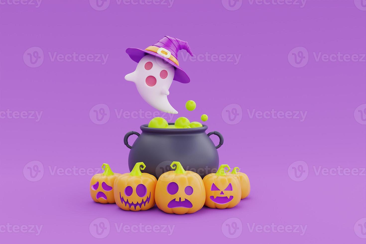 Happy Halloween with Jack-o-Lantern pumpkins, witch cauldron and ghost on purple background, traditional october holiday, 3d rendering. photo