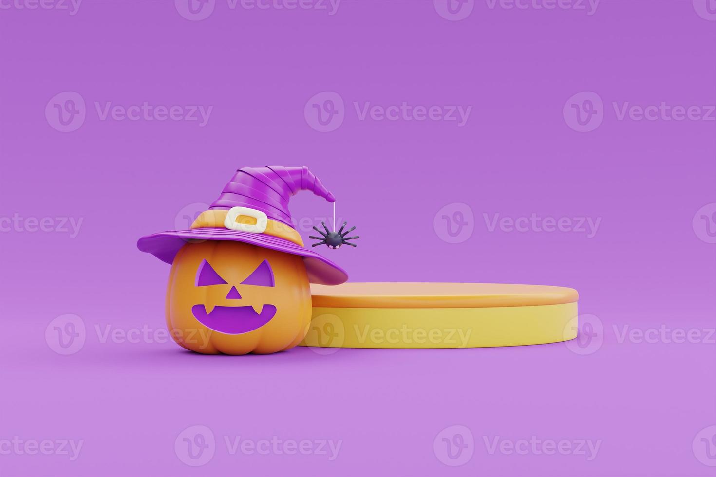 Happy Halloween with podium display and Jack-o-Lantern pumpkins on purple background, traditional october holiday, 3d rendering. photo