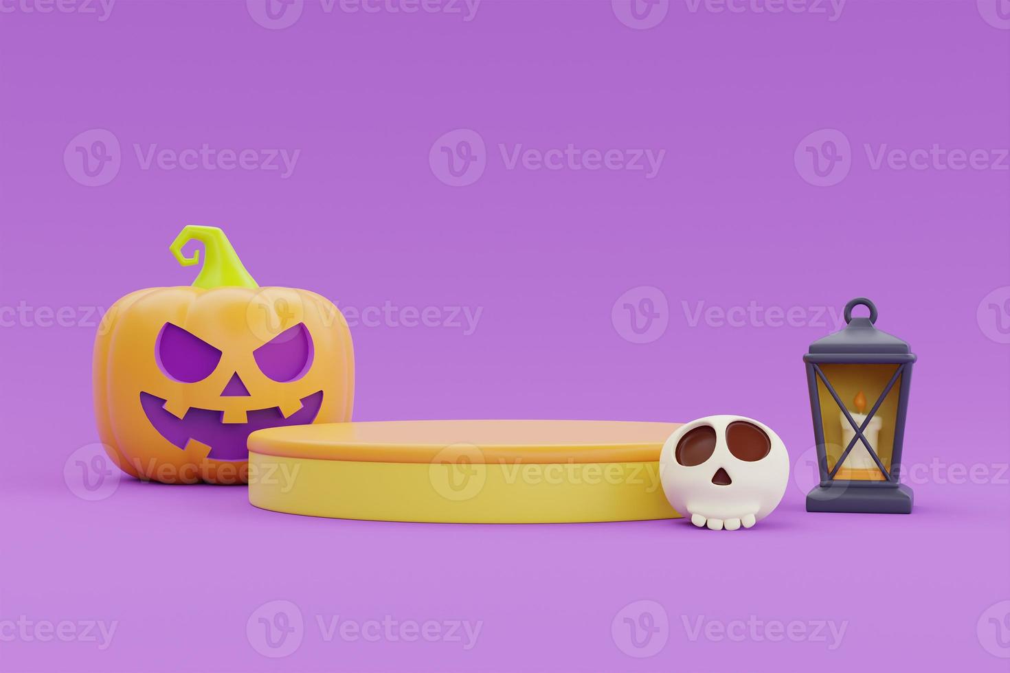 Happy Halloween with podium display and Jack-o-Lantern pumpkins on purple background, traditional october holiday, 3d rendering. photo