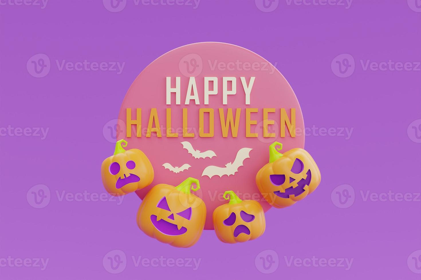 feliz halloween con carácter de calabazas jack-o-lantern sobre fondo morado, fiesta tradicional de octubre, representación 3d. foto