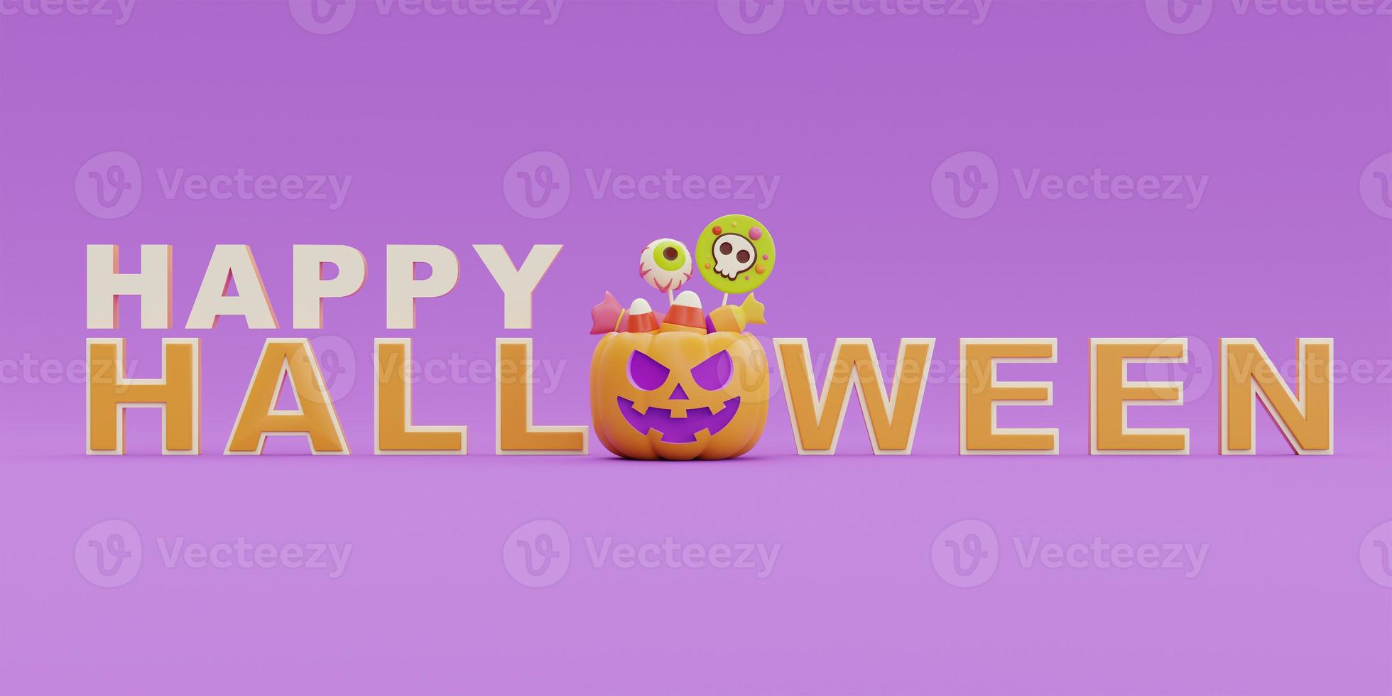 Happy Halloween with Jack-o-Lantern pumpkins character on purple background, traditional october holiday, 3d rendering. photo