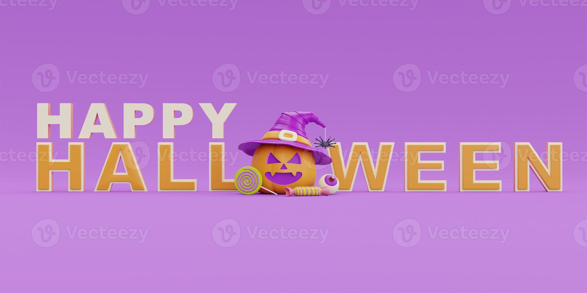 feliz halloween con carácter de calabazas jack-o-lantern sobre fondo morado, fiesta tradicional de octubre, representación 3d. foto