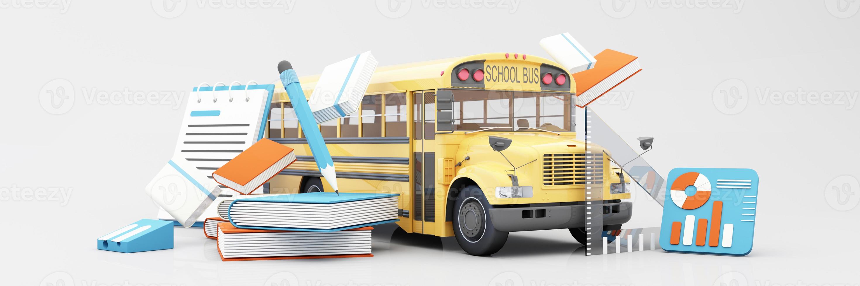 Back to school with school supplies and equipment. School bus with school accessories and books on pastel color orange and blue tone background realistic cartoon. 3D Rendering, widescreen photo