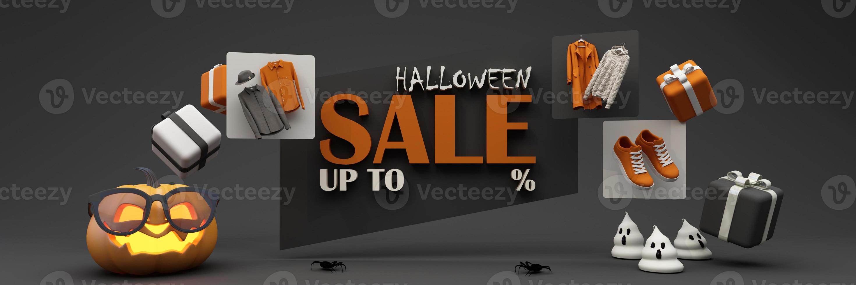 cartel de promoción de venta de halloween con calabaza de halloween y ropa de compras de moda y caja de regalo con escena de podio de producto. sitio web espeluznante, fondo para banner halloween. pantalla ancha - renderizado 3d foto