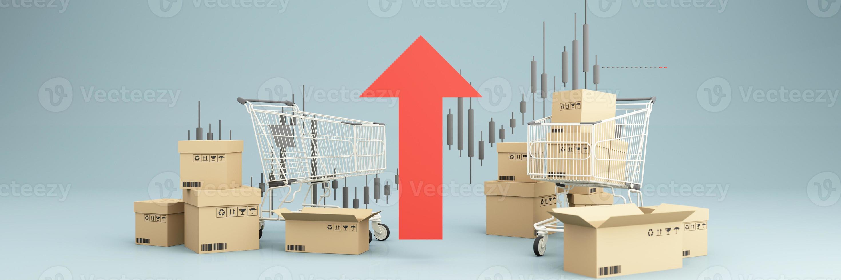 Shopping cart with red upward arrow Surrounded by cardboard boxes and stock charts money as financial saving rising in inflation and business profit growth concept. realistic wide screen -3d render photo