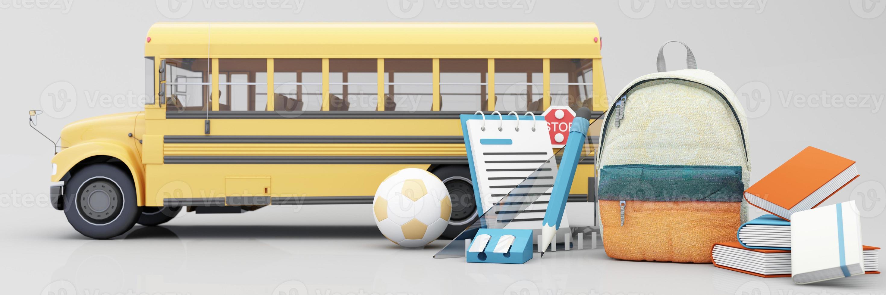 Back to school with school supplies and equipment. School bus with school accessories and books on pastel color orange and blue tone background realistic cartoon. 3D Rendering, widescreen photo