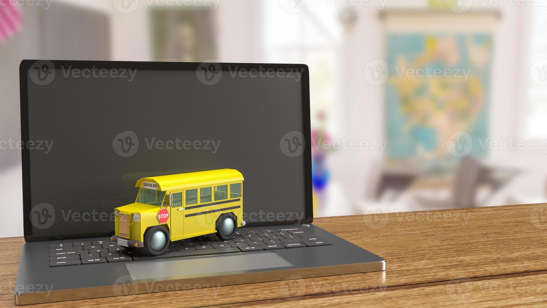 school bus on laptop for e learning concept 3d rendering photo