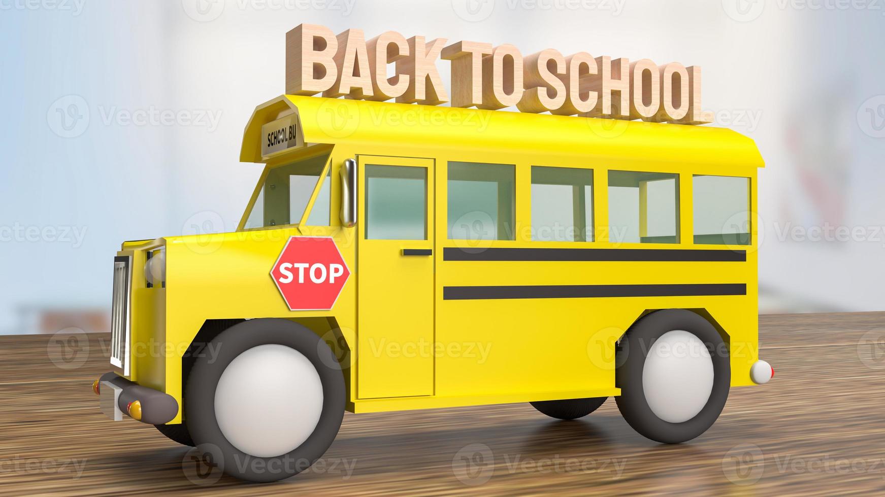 The schoolbus on wood table for back to school concept 3d rendering photo