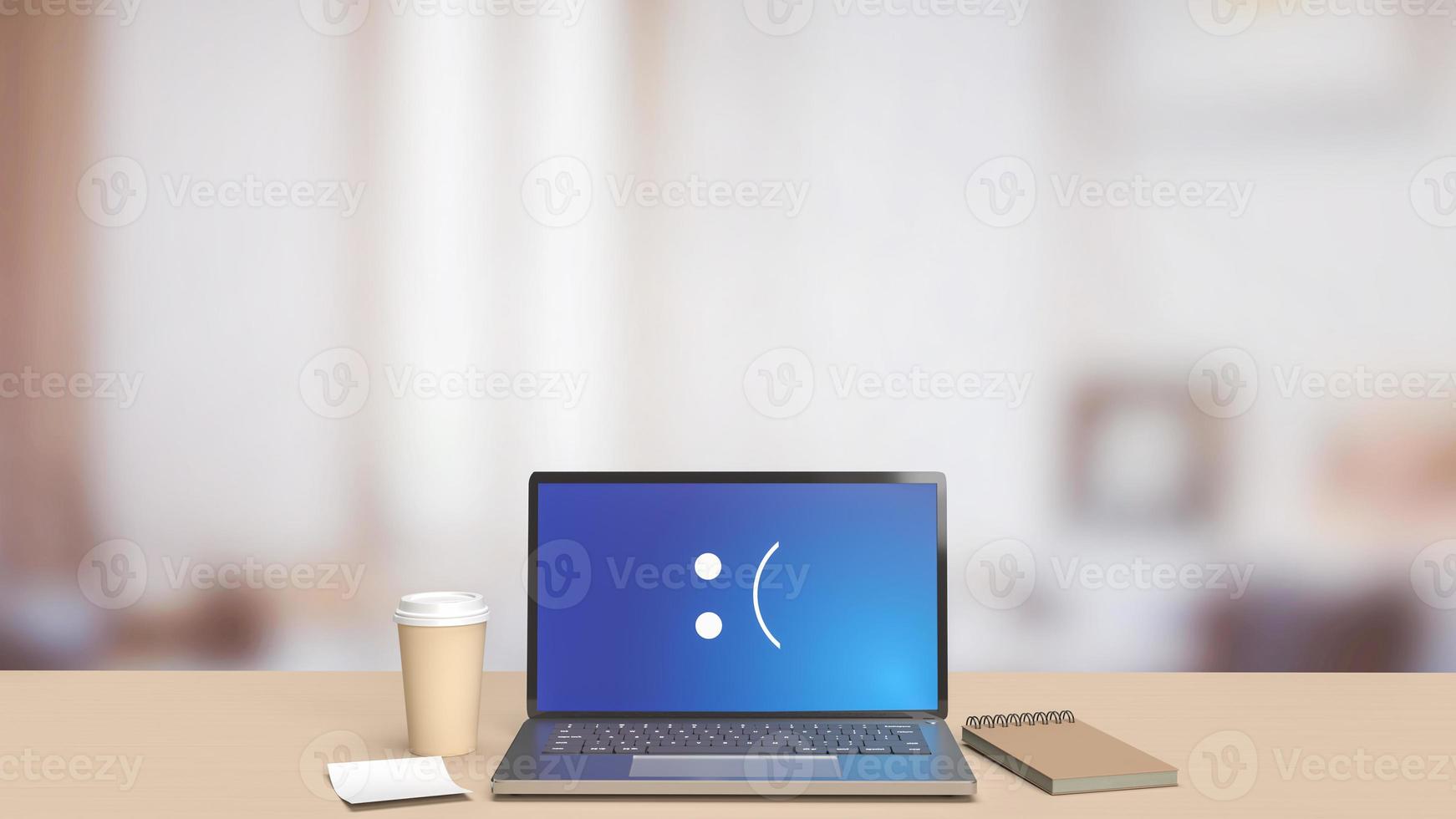 The laptop on wood table showing  blue screen error   3d rendering photo