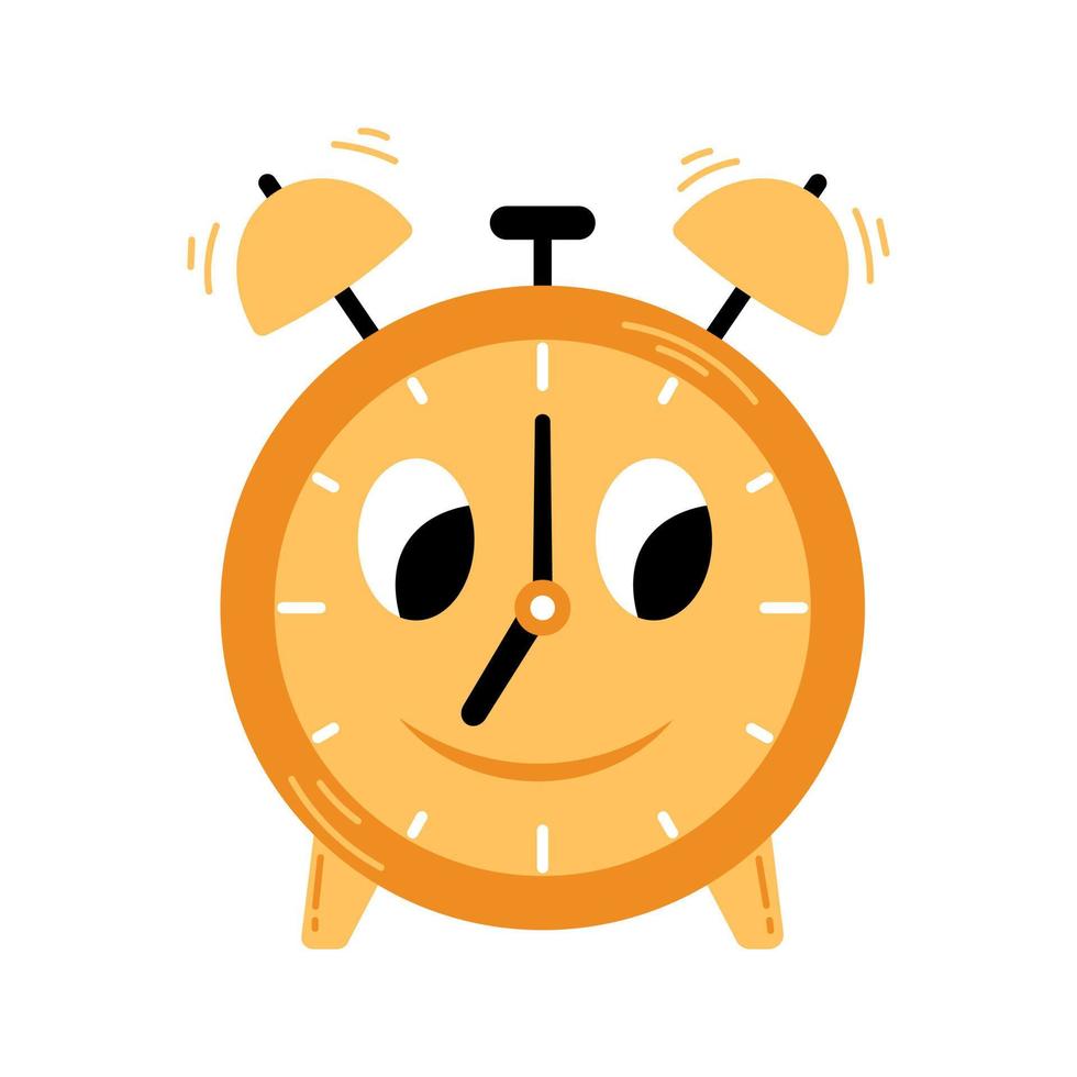 Vector cute alarm clock. Clock with eyes and smile. Back to school.