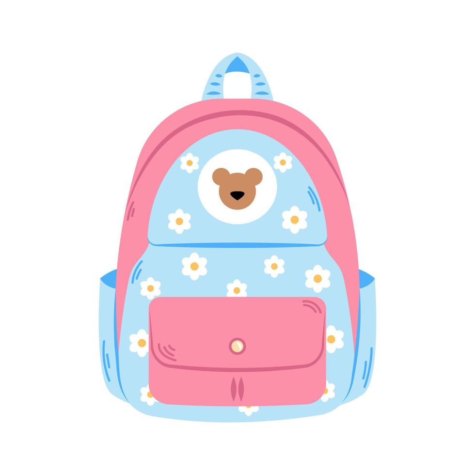 Vector school backpack. Back to school. Schoolbag and rucksack. Pink and blue bag with flowers. Cute school accessory with floral print.