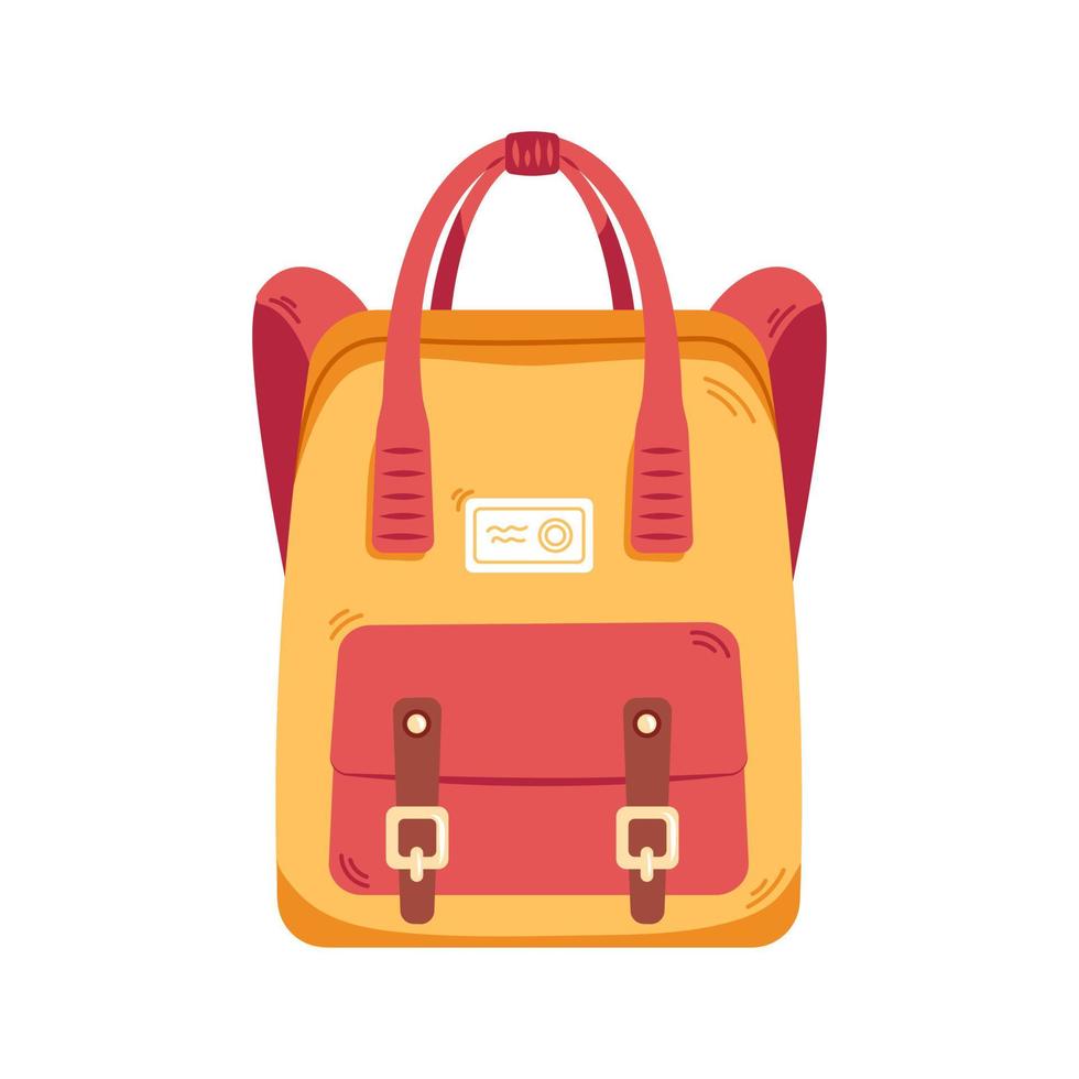 Vector school backpack. Back to school. Schoolbag and rucksack. Red and yellow bag. Cute school accessory.