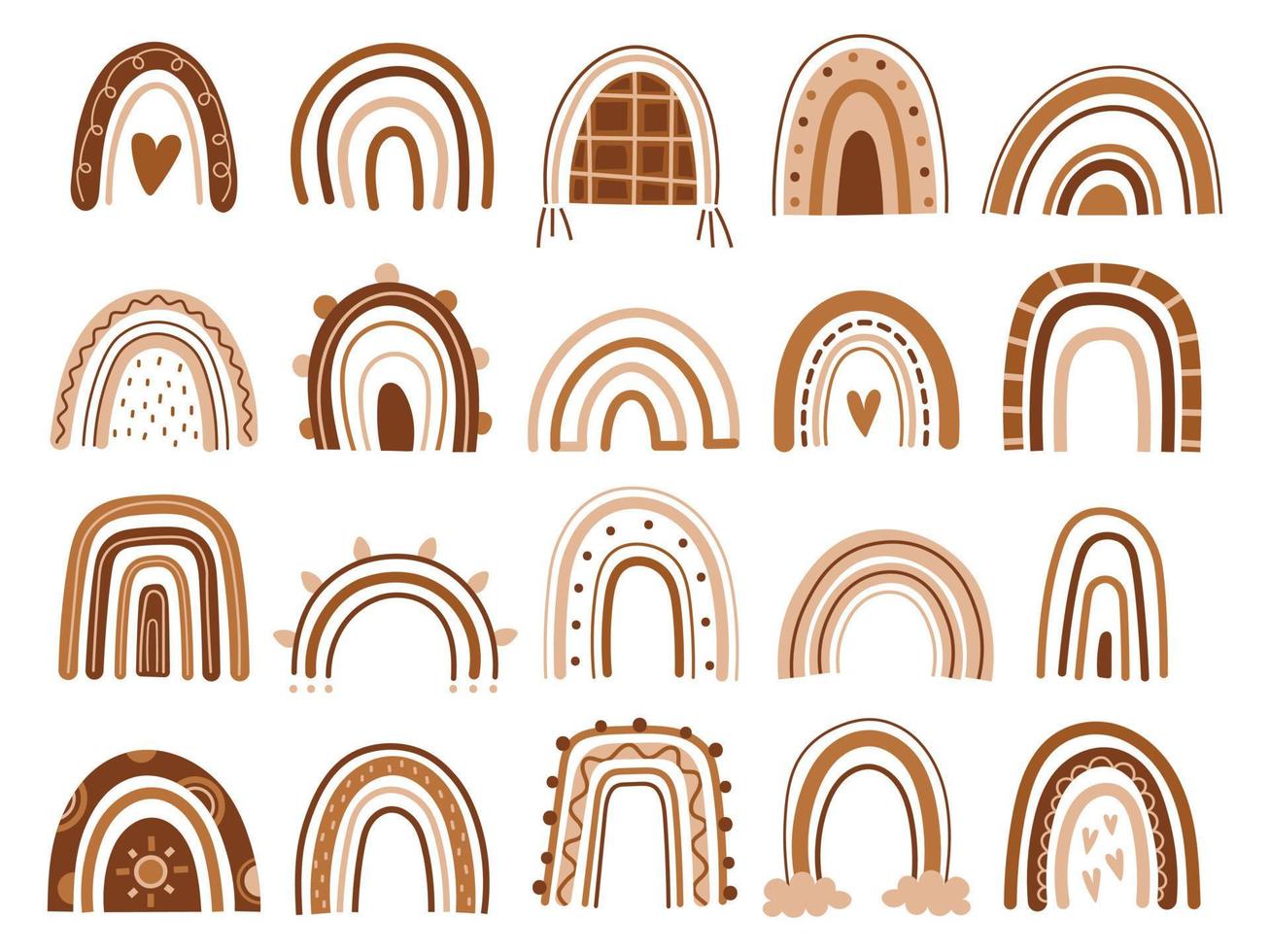 Hand drawn abstract rainbows. Big set with cute boho rainbows in brown colors. Scandinavian shapes. vector