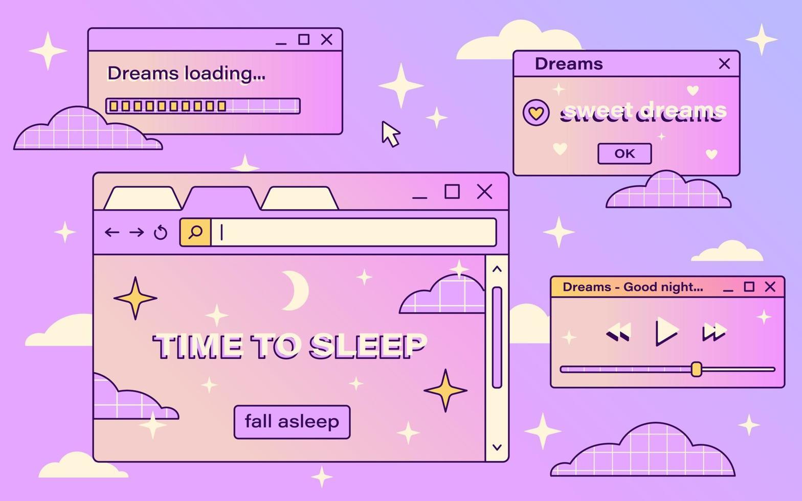 Vector retro vaporwave computer interface. Cute illustration with Sweet Dreams and Good Night messages. Clouds and stars. Magic desktop.