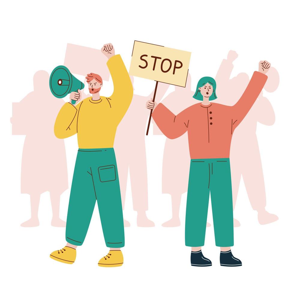 Vector illustration with protesting people. Man with loudspeaker. Girl with placard stop. Protest. Crowd of protesters.