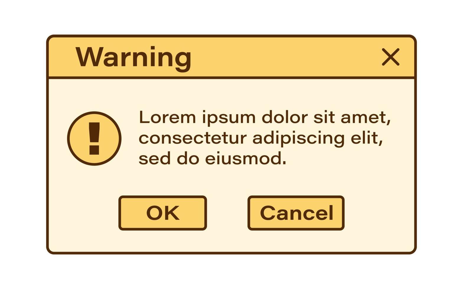 Vector retro vaporwave modal window. Vintage warning dialog windows. Nostalgic UI. Retro computer interface. Warning message.