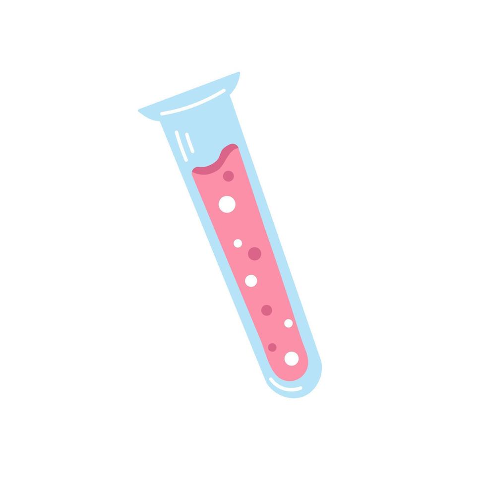 Vector cute test tube with pink liquid. Chemistry lesson. Back to school. Laboratory experiments.