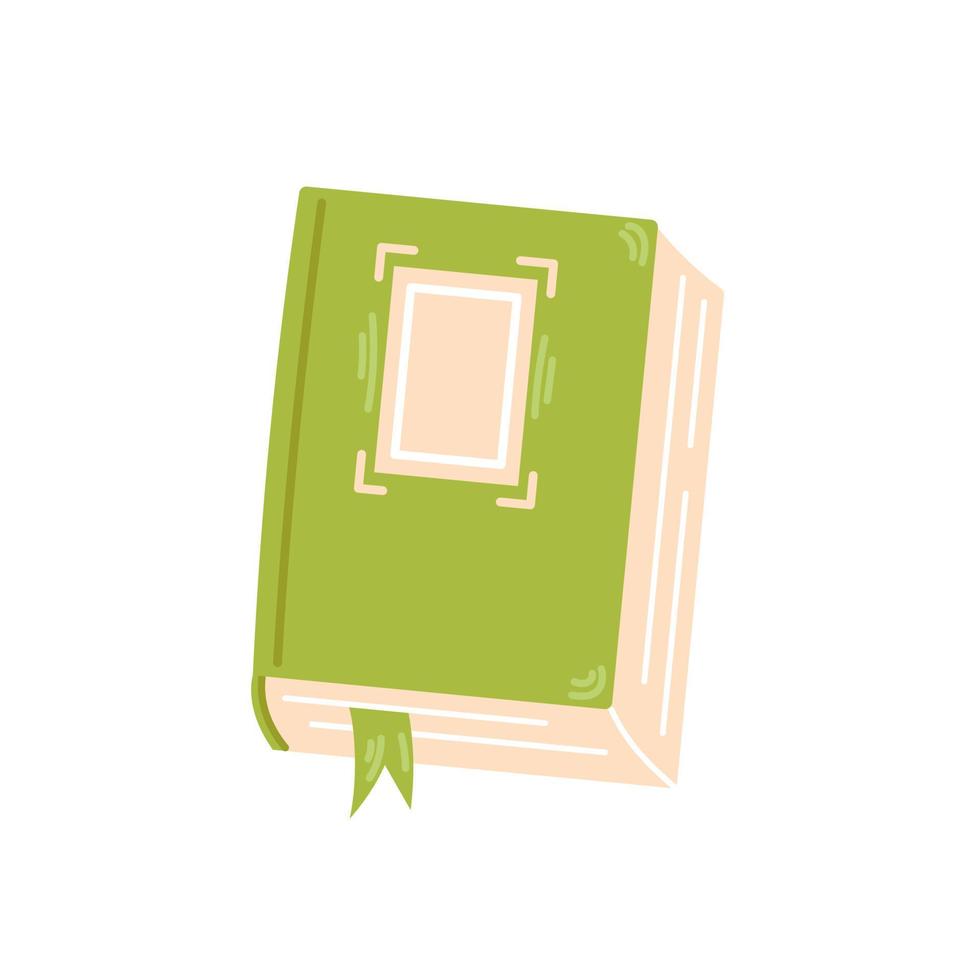 Vector green book with bookmark. School textbook. Back to school. Cute book in flat design.