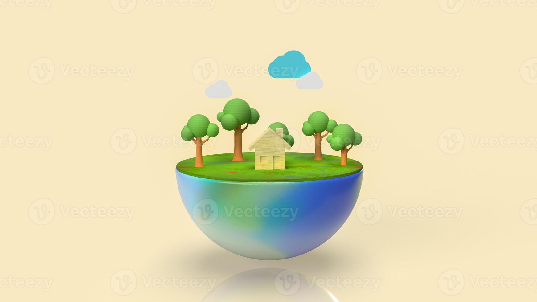 The home and tree on half earth for ecology content 3d photo