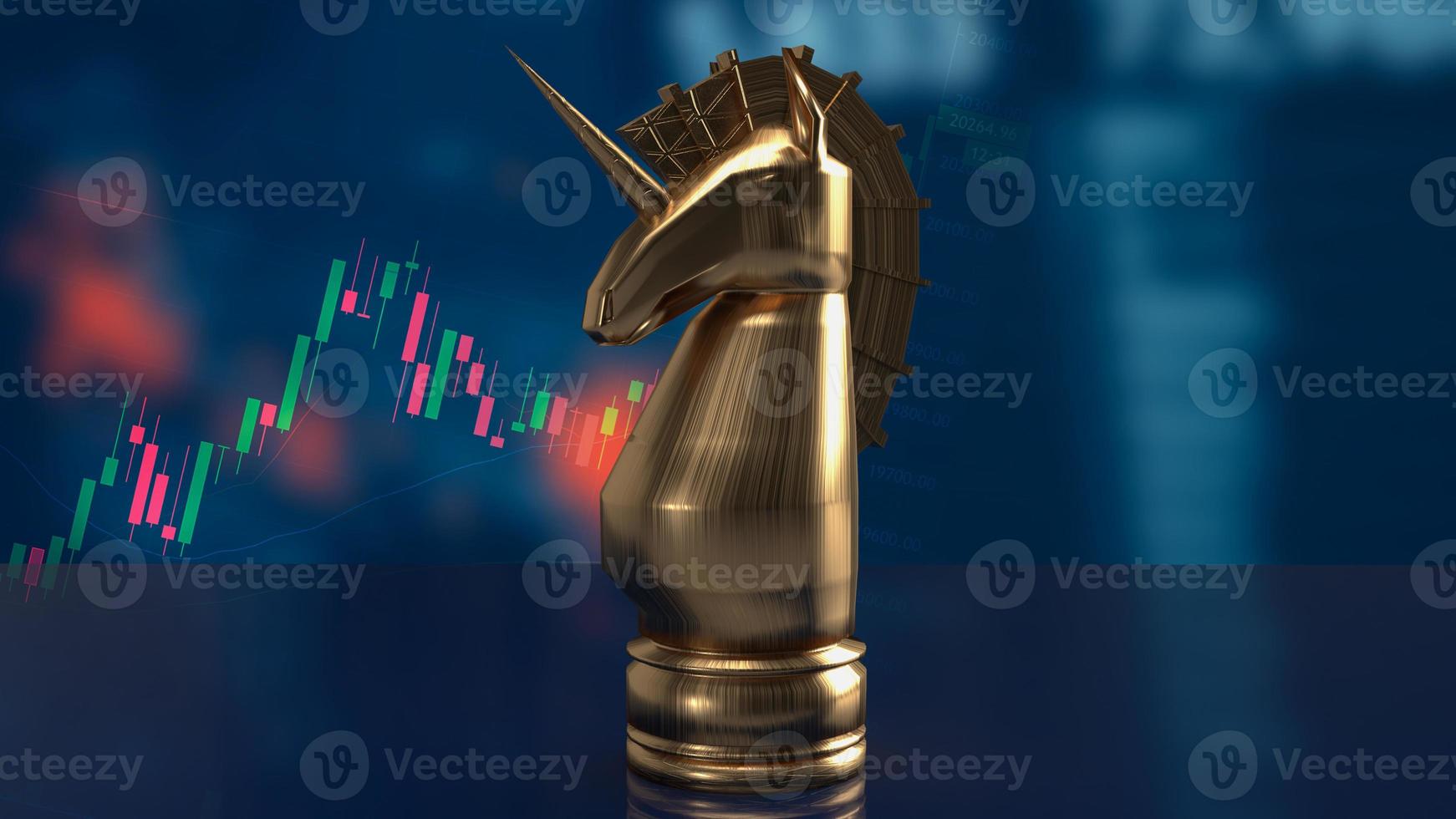 The gold  unicorn chess and business chart for start up concept 3d rendering photo
