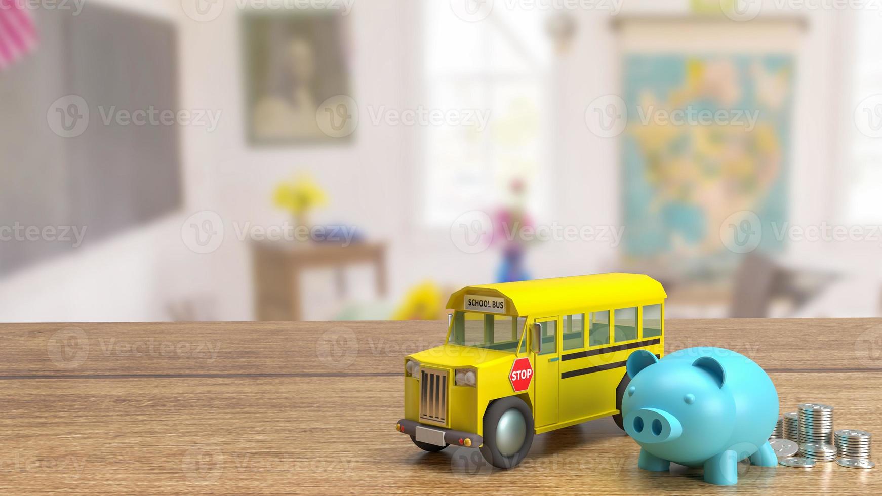 The piggy bank and school bus on class room background for education or saving concept 3d rendering photo